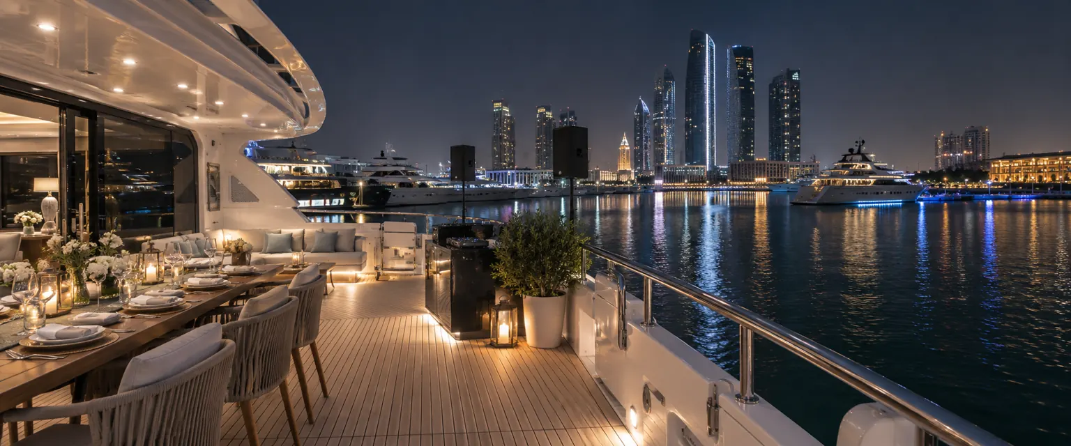 Atmospheric yacht event setup at night